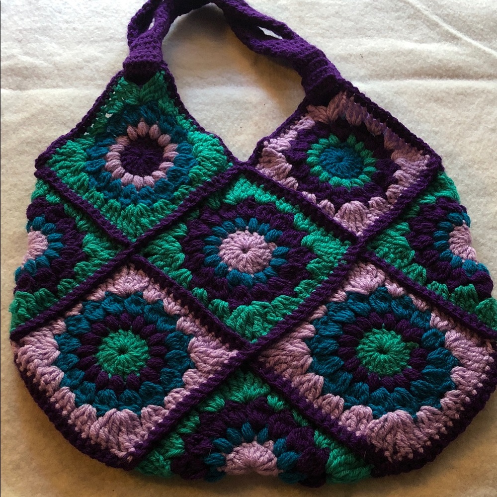 Handmade Purple & Teal Crochet Granny Square Shoulder Bag - Picture 1 of 2